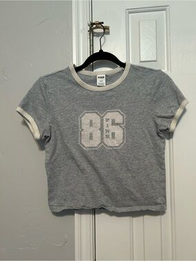 PINK Victoria's Secret Heather Gray '86 Ringer Tee with Cream Trim